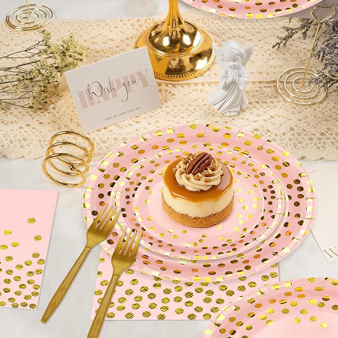 100 Pcs Pink and Gold Paper Plates and Napkins Party Supplies,Serves 25 Guests Pink Gold Plates and Napkins,Disposable Paper Tableware Set for Birthday Wedding Bridal Shower Baby Shower Decorations