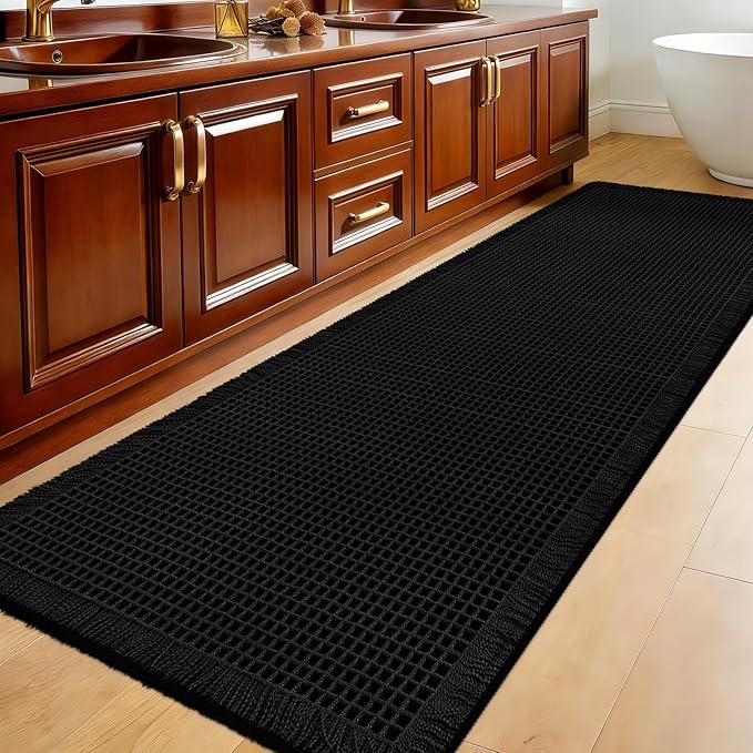 Accumtek Extra Large Waffle Bath Mat, 5'x2' Black, Super Absorbent Non-Slip Quick Dry Bathroom Rugs with Tassels, Machine Washable Ultra Soft Boho Bath Rugs for Floor, Toilet Mats Boho Farmhouse Decor