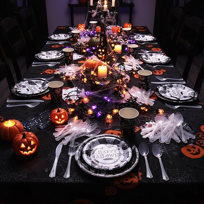 FillTouch 350 Pcs Happy Halloween Party Favor Vintage Halloween Decoration Disposable Tableware for 50 Guests 100 Pumpkin Skull Plates 50 Crows Bats Napkins 50 Cups 50 Sets Knives Fork Spoon