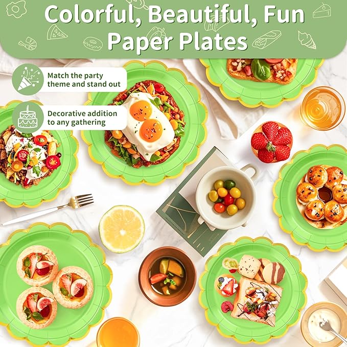 50 Pcs Lime Green Paper Plates, 25 Pcs 9" and 25 Pcs 7" Disposable Christmas Scalloped Plates with Gold Foil for Graduation Wedding Baby Shower Birthday Party Picnic BBQ