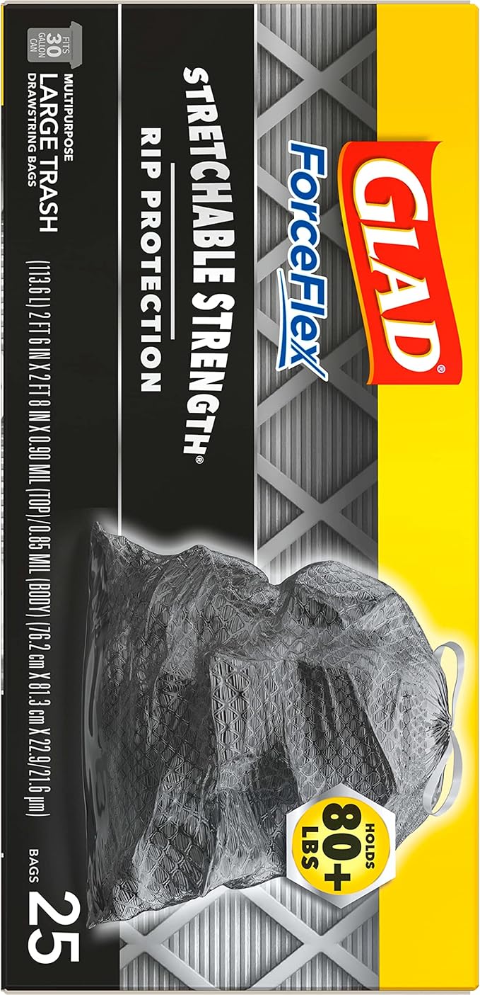 Glad ForceFlex Heavy Duty Large Trash Bags, Hold 80+ lb, 30 Gal, 25 Count, (Pack of 2), (Package May Vary)
