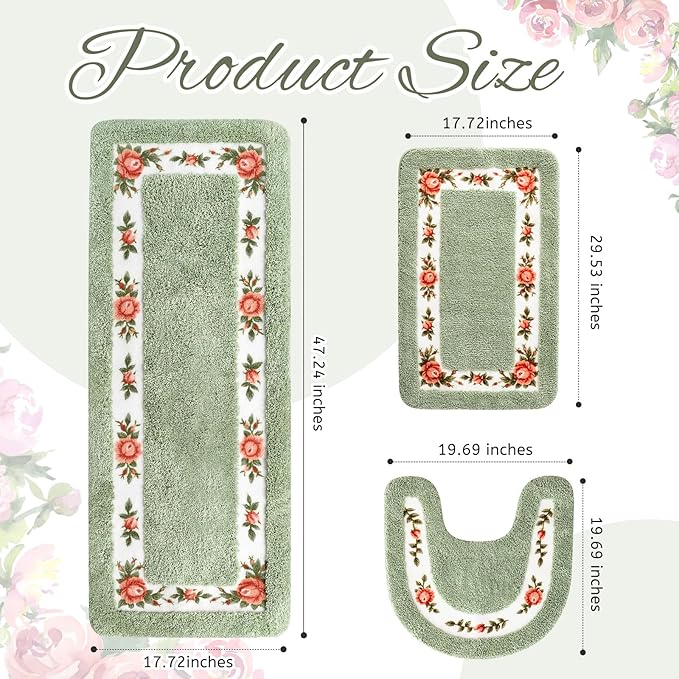 Drydiet 3 Pcs Rose Flowers Bathroom Rugs Set Coquette Room Decor Floral Carpet for Bathroom Bedroom Living Room, Floral Bath Mat Non Skid Romantic Rose Flower Area Rugs 3 Shapes (Green,Large)