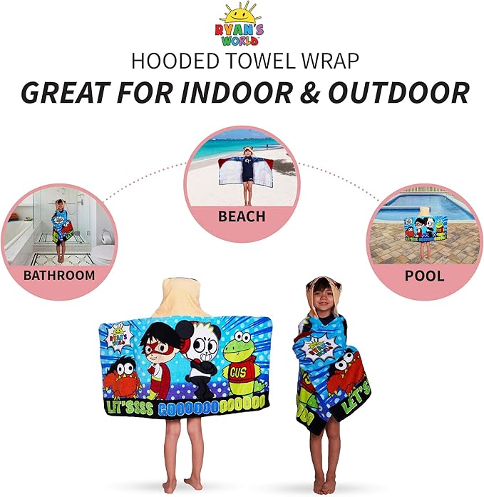 Franco Kids Bath and Beach Soft Cotton Terry Hooded Towel Wrap, 24" x 50", Ryan’s World