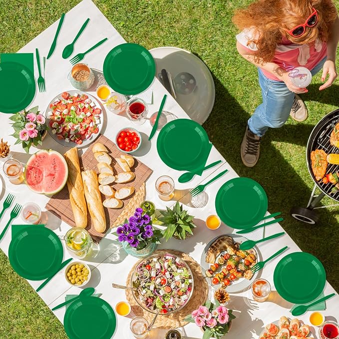 228PCS Green Party Supplies Set Include Paper Plates Cups Paper Napkins Plastic Spoons Forks Knives for 30 Guests Disposable Party Dinnerware for Birthday Wedding Family Picnic