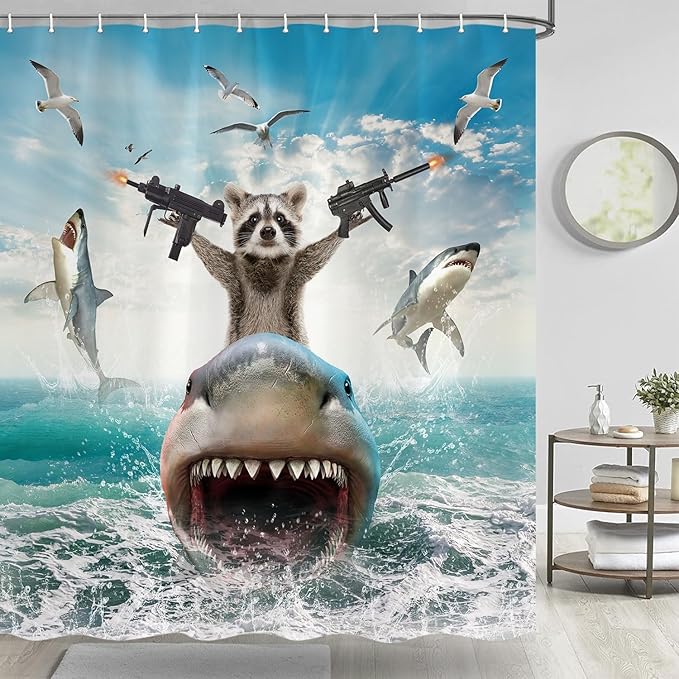 TOMOZ Funny Animal Shower Curtain, Cool Raccoon Riding Shark Theme Ocean Shower Curtain for Bathroom, Fun Nautical Kids Children Fabric Bath Curtain with 12 Hooks 69 x 78Inch