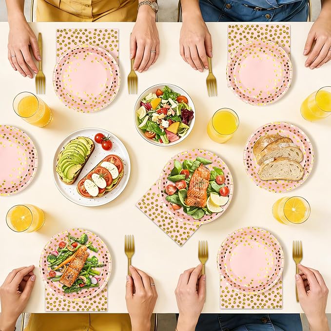 Pink and Gold Paper Plates and Napkins Tablecloth Party Supplies,Serves 25 Guests Pink Gold Plates and Napkins Tablecloth,Disposable Tableware Set for Birthday Wedding Bridal Shower Decorations