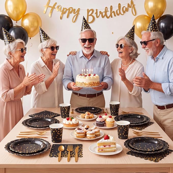 175 Pcs Black and Gold Plates and Napkins, Disposable Black Gold Dinnerware Include Scalloped Party Plates Napkin Cups Plastic Cutlery for Men Birthday Graduation Retirement Congratulations