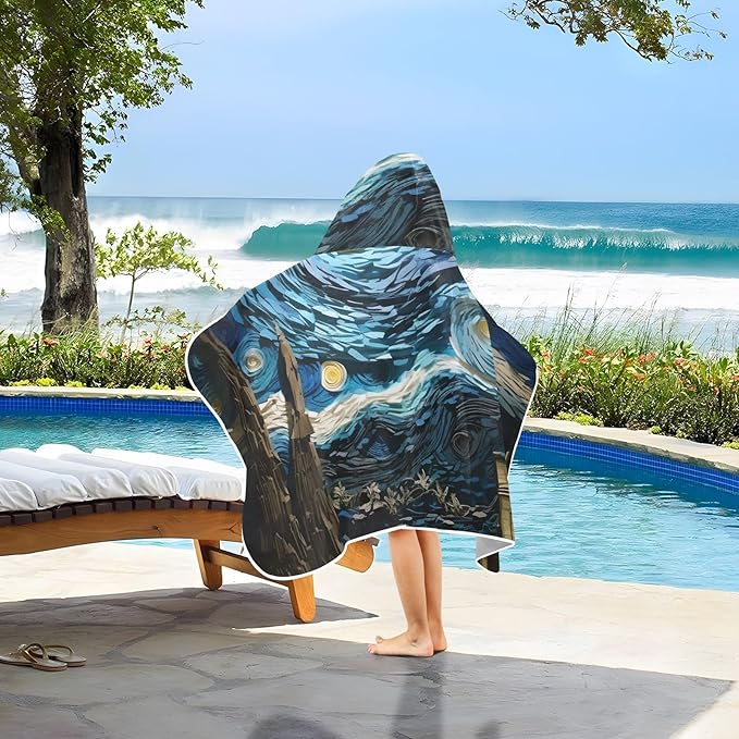 Hooded Towel for Kids Colorful Impressionist Night Sky Landscape Beach Wrap Bath Towels 50x23.5in