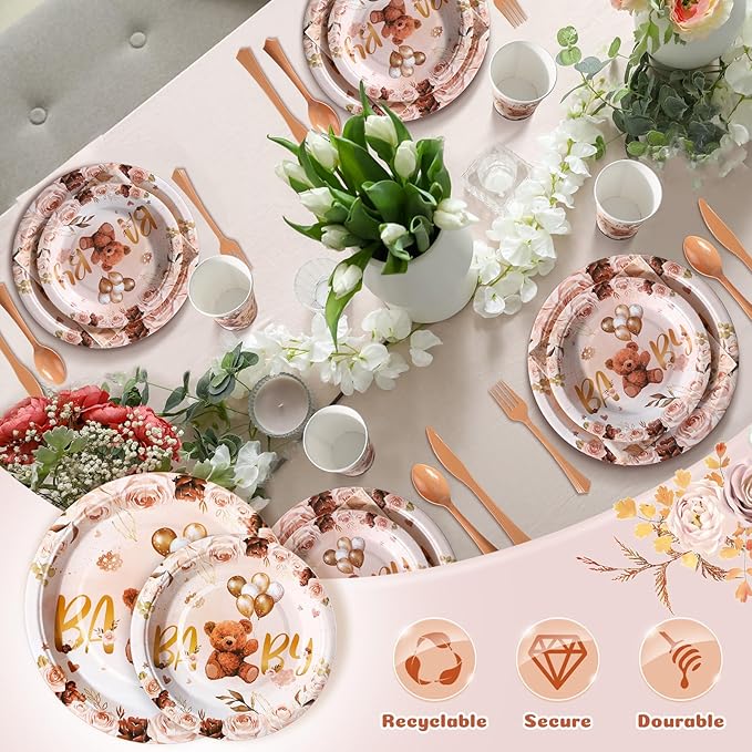 FillTouch 350 Pcs Bear Baby Shower Party Supplies Set Bear Disposable Paper Plates Napkins Cups Knives Forks Spoons for 50 Guests Baby Shower Party Birthday