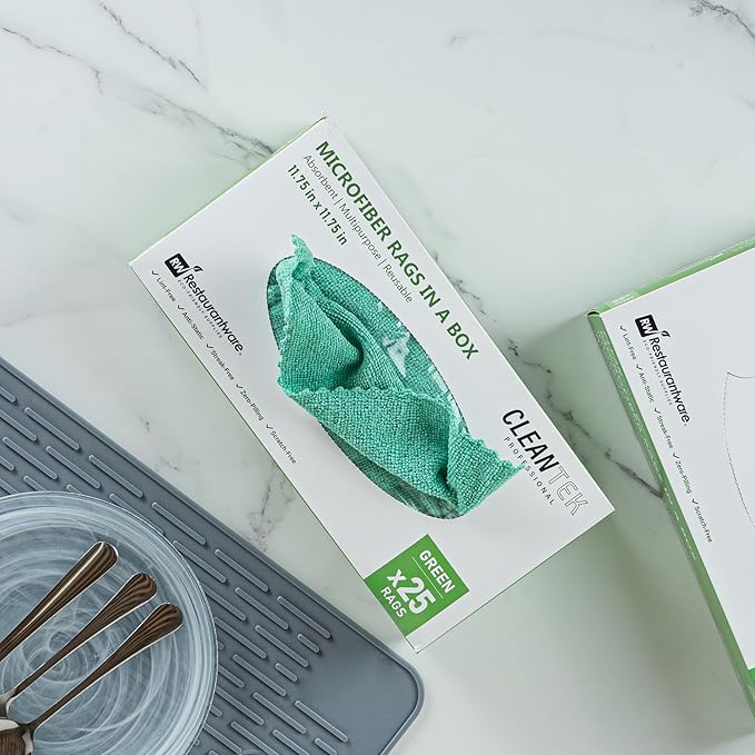 Restaurantware-Clean Tek Professional 11.81 x 11.81 Inch Microfiber Rags in a Box, 25 Absorbent Cleaning Cloths - No-Scratch, Green Microfiber Reusable Edgeless Cleaning Towels, Leaves No Streak