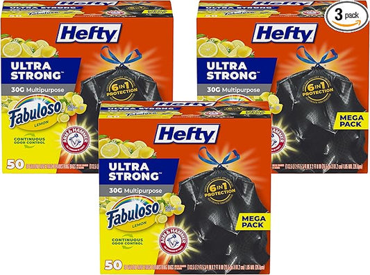 Hefty Ultra Strong 30 Gallon Trash Bags, Large Size, Multipurpose, Break Resistant Drawstring Closure, Resists Leaks, Punctures, and Tears, Black, Fabuloso Lemon Scent, 50 Bags (Pack of 3)