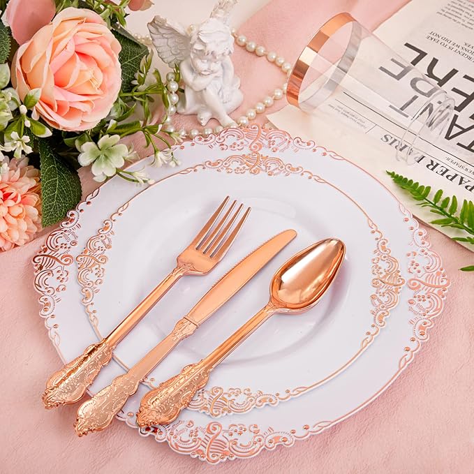 Morejoy 175PCS Rose Gold Plastic Plates & Plastic Silverware inculdes: 25 Dinner Plates,25 Dessert Plates, 25 Forks,25 Knives, 25 Spoons, 25 Cups,25 Napkins Perfect for Wedding & Party & Mother's Day