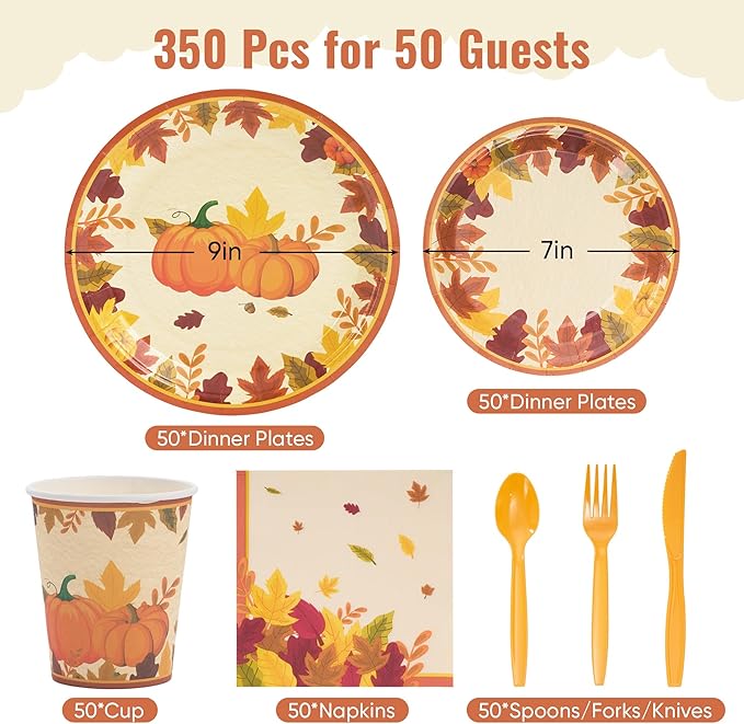 Fijinhom Fall Party Paper Plates Set, 350 PCS Thanksgiving Party Supplies, Disposable Dinnerware Set for 50 Guests, Fall Maple Leaves Pumpkins Paper Plates Napkins Cups for Christmas