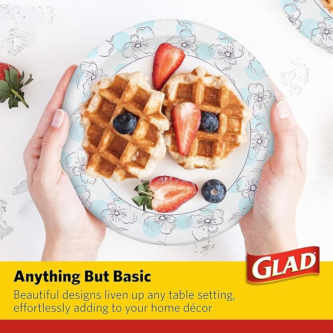 Glad Round Disposable Paper Plates, Blue Flower Design, Heavy Duty Soak Proof Cut Resistant Microwave Safe Plates for Meals, Parties, Picnics, and Events, 10 Inch, 50 Count - 2 Pack