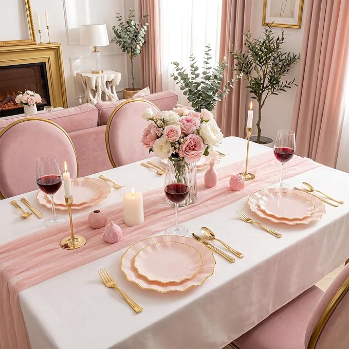 U-QE 150PCS Pink Plastic Plates for Party, Heavy Duty Pink Disposable Plates, Gold Dinnerware Set Include 30 Dinner Plates,30 Dessert Plates,30 Gold Plastic Silverware Set for Mothers Day, Party