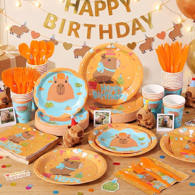 Pickmesh 400 Pcs Capybara Birthday Party Plates and Napkins Set, Capybara Paper Plates and Cups with Plastic Cutlery, Pumpkin Cute Animals Theme Disposable Tableware for Birthday Party Supplies
