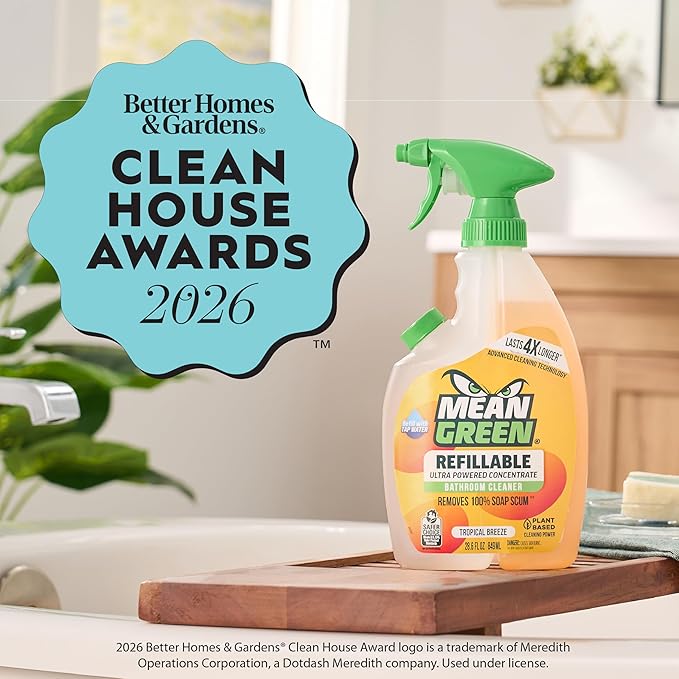 Mean Green Refillable Ultra Powered Bathroom Cleaner Concentrate, Tropical Breeze, 14.3 fl oz (2-Pack) – Plant & Mineral Based, Removes 100% of Soap Scum, Refillable Bottle Makes 4X Refills
