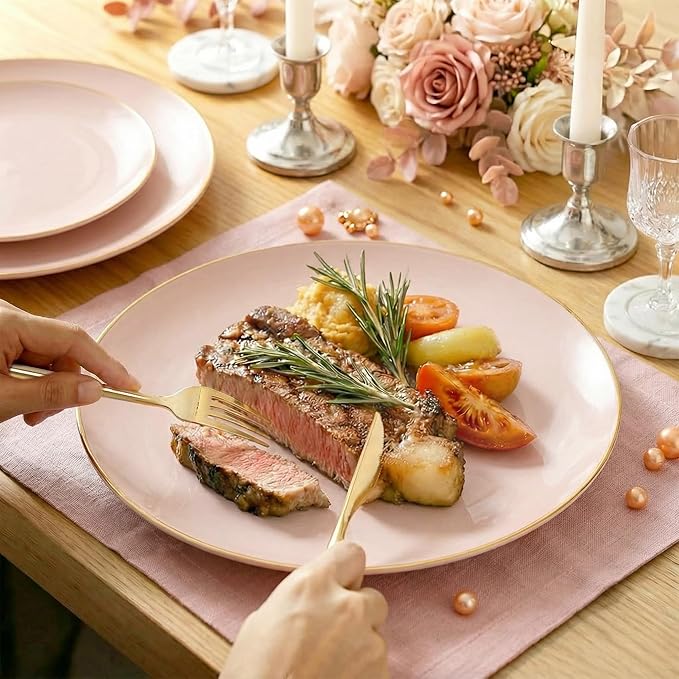 I00000 150 PCS Pink Plastic Plates for Party,Heavy Duty Pink Disposable Plates,Gold Dinnerware Set Include 30 Dinner Plates,30 Dessert Plates,30 Gold Plastic Silverware Set for Mother's Day