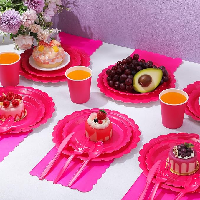 Ziliny 350 Pcs Hot Pink Plates and Napkins, 50 Guest Breast Cancer Awareness Party Supplies Include Scalloped Paper Plates Napkins Cups Plastic Spoons Forks Knives Disposable Tableware Set for Women
