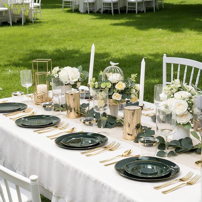 WDF 150Pcs Green Plastic Plates - Green Plates Disposable with Gold Rim - 25Guest Disposable Dinnerware Include 50 Plastic Plate 75 Gold Cutlery 25 9oz Cups for Wedding/Party/Birthday