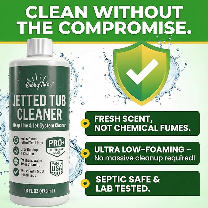 BubbyShine Jetted Tub Cleaner for Bathtub Jets – Deep Cleaning Bathtub Cleaner Formula for Jacuzzi & Whirlpool Tubs, Pro Grade System Flush for Internal Lines and Pipes, Made in USA, 16 oz