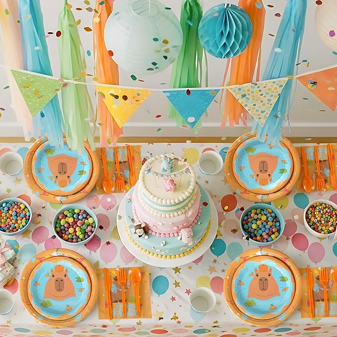 Pickmesh 400 Pcs Capybara Birthday Party Plates and Napkins Set, Capybara Paper Plates and Cups with Plastic Cutlery, Pumpkin Cute Animals Theme Disposable Tableware for Birthday Party Supplies
