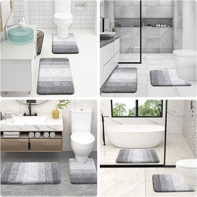 OLANLY Bathroom Rugs Sets 3 Piece, Soft Absorbent Microfiber Bath Mats and U-Shaped Contour Toilet Rug, Plush Shaggy Bath Mat Set for Bathroom (47"x20"+24"x16"+24"x20", Light Grey)