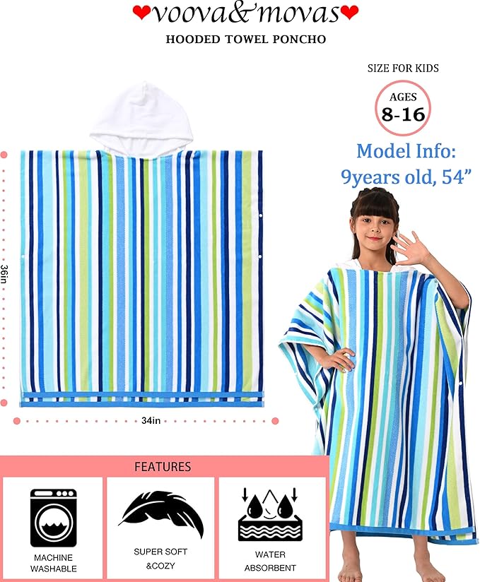 VOOVA & MOVAS Surf Poncho Towels for Teens (8-16Years), 100% Cotton Absorbent Thick Poncho Towel for Big Kids | Boys | Girls, Perfect for Pool, Beach, Bath, Blue Green White Stripe