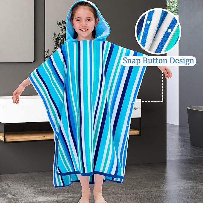 VOOVA & MOVAS Teens Boys Hooded Poncho Towels (8-16Years), 100% Cotton Absorbent Poncho Towel Robe for Kids, Perfect for Pool, Beach, Bath and Gifts, Blue Green Stripe