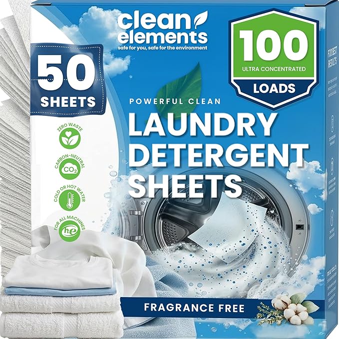 Laundry Detergent Sheets (100 Loads, 50 Sheet) Fragrance Free Unscented, Eco Earth Friendly Clean Breeze, Non Toxic People Safe, Washing Travel Supplies, Liquidless Pod Home Soap Washer