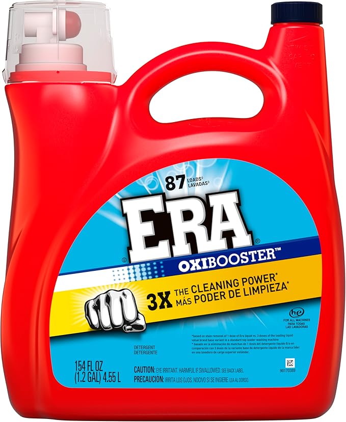 Era Oxibooster Liquid Laundry Detergent, 154 fl oz, 87 Loads Powerful Laundry Detergent for Stain Removal, Tough on Stains, Era Active Spot Fighter High EfficiencyDetergent