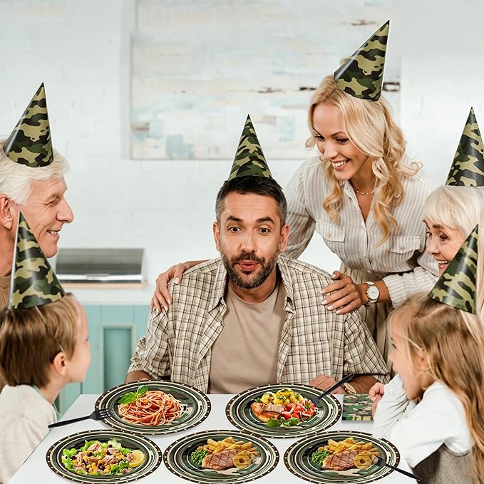 100 Pcs Camouflage Party Supplies for 25 Guests, Heavy-Duty 7" & 9" Paper Plates, 2-Ply 13" Napkins & Plastic Forks, Disposable Deep Green Camo Tableware Set for Hunting Army Military Party