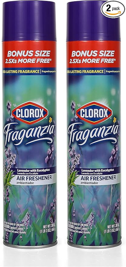 Clorox Fraganzia Aerosol Air Freshener in Lavender with Eucalyptus Scent | Long-Lasting Air Freshener Spray | 20 Oz Bonus Size | Room Air Freshener | Lavender Spray, Odor Eliminator (Pack of 2)