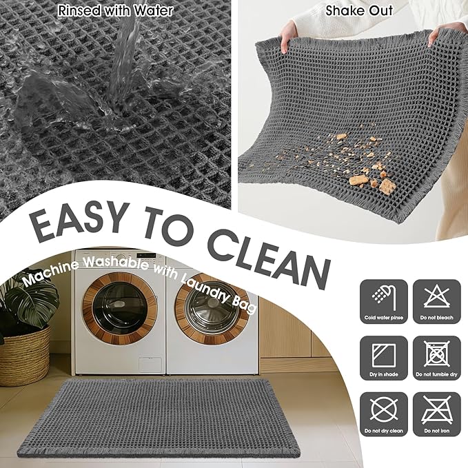ACCUMTEK Extra Large Waffle Bath Mat, 6'x2' Grey, Super Absorbent Non-Slip Quick Dry Bathroom Rugs with Tassels, Machine Washable Ultra Soft Boho Bath Rugs for Floor, Toilet Mats Boho Farmhouse Decor