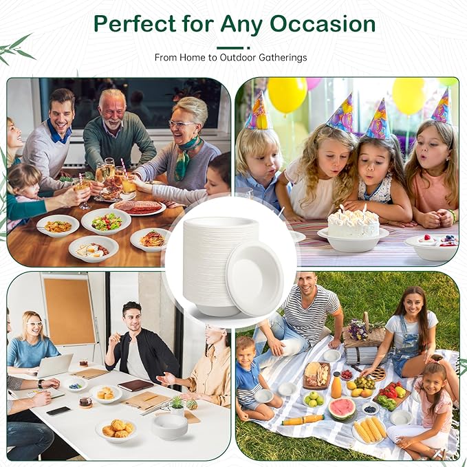 12 oz 128-Pack Compostable Soup Bowls, Disposable Paper Bowls for Soup, Cereal & Oatmeal, Heavy-Duty Bagasse Bowls, Microwave & Freezer Safe, Eco-Friendly (White)