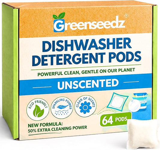 Dishwasher Detergent Pods Free & Clear, Unscented, Eco Friendly, Cuts Grease, 64 Count, Powerful Formula for Sparkling Clean Dishes, Automatic Dishwasher Safe