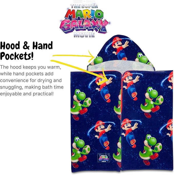 The Super Mario Galaxy Movie Kids Super Soft Bath/Pool/Beach Soft Cotton Terry Hooded Towel Wrap, 24 in x 50 in, Mario & Luigi, (100% Officially Licensed Product) by Franco
