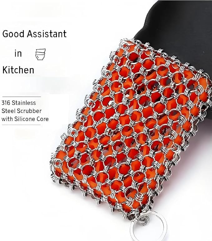 2026 Upgrade 316 Stainless Steel Pan Cleaner,4.5 Inch Triple-Ring Chain Mail Scrubber with Silicone Core, Cast Iron Pot Brush for Easier Removal of Stubborn Oil Stains & Food Residue–Orange