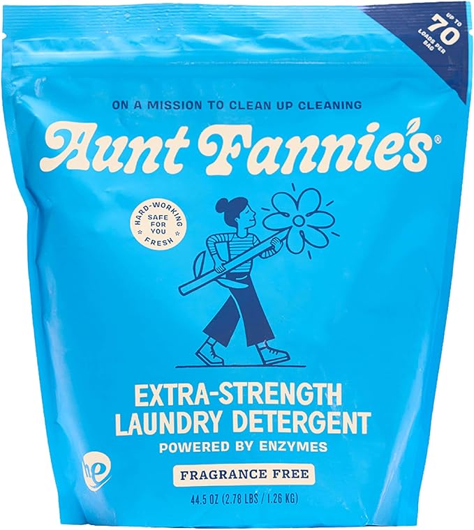 Aunt Fannie's Extra Strength Powder Laundry Detergent, Stain Fighting, Plant Based, Natural Ingredients, 70 Loads Per Bag, Fragrance Free, 44 Oz