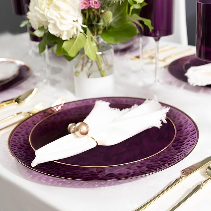 PLASTICPRO 30 Pack Hammered Plastic Plates Heavyweight Disposable Plastic Plates Elegant Transparent Purple Hammered with Gold Rim Platsic Party Dishes (Hamered Purple With Gold Rim, 7'' INCH PLATES)