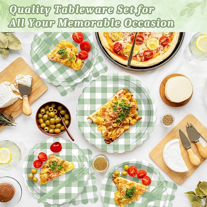 Mulbozy 100 Sage Green Gingham Plates and Napkins Disposable Set Includes 25-9" & 25-7" Dessert Cake Scalloped Plates, Cocktail Napkins, Forks for for Holiday Party Supplies