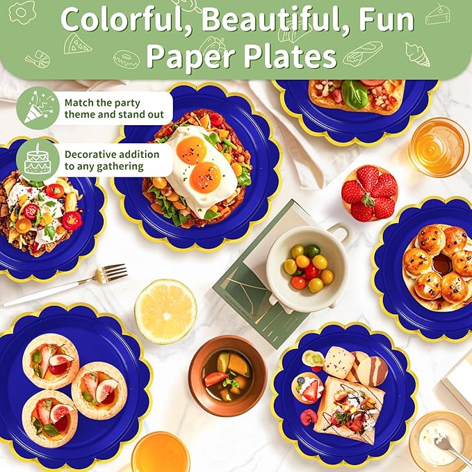 50 Pcs Royal Blue Paper Plates, 25 Pcs 9" and 25 Pcs 7" Disposable Royal Blue Scalloped Plates with Gold Foil for Graduation Wedding Baby Shower Birthday Party Picnic BBQ