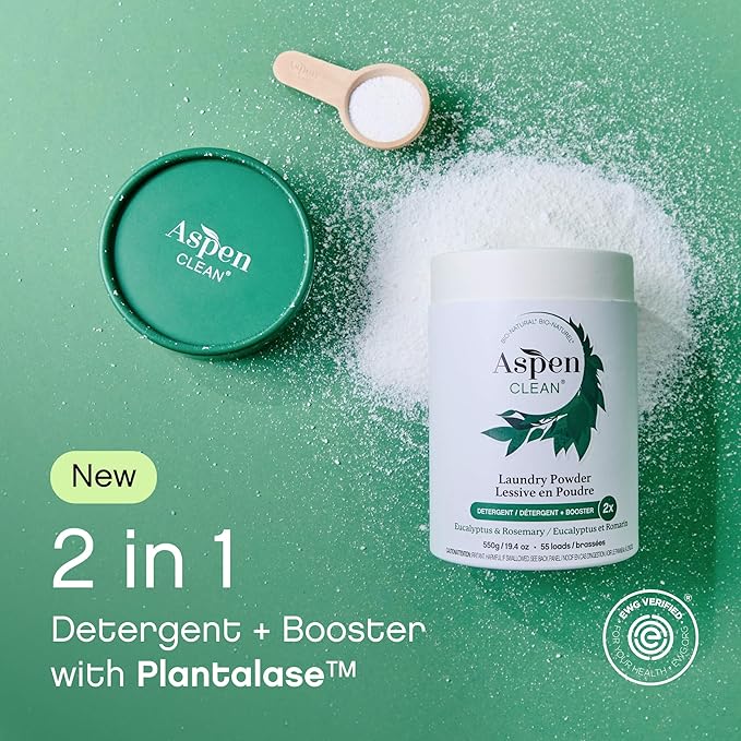 AspenClean | Laundry Powder + Booster 2-in-1 | Eucalyptus | | 55 Loads | Hyper Concentrated | Stain & Odor Removal Enzyme Booster | Non - Toxic | 100% Natural | EWG Verified