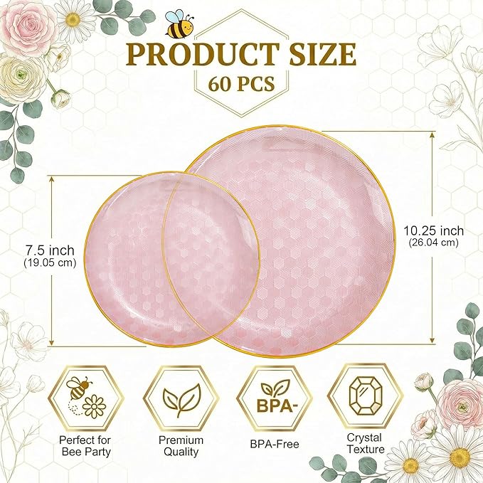 Festiva 60PCS Clear Pink Gold Plastic Plates - Heavy Duty Fancy Disposable Plates With Gold Rim-serve for 30 guests Include 30PCS 10.25" & 30PCS 7.5" Honeycomb Design Plates for Party(Pink)