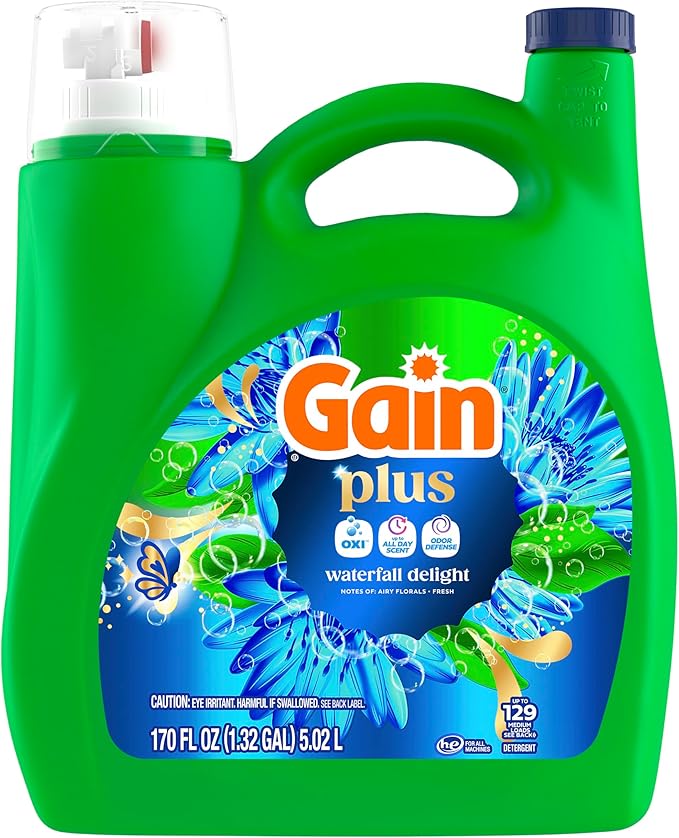 Gain Plus Liquid Laundry Detergent, Cleaner, Fresher, Now with Oxi, Waterfall Delight Scent, 170 fl oz, 129 Loads