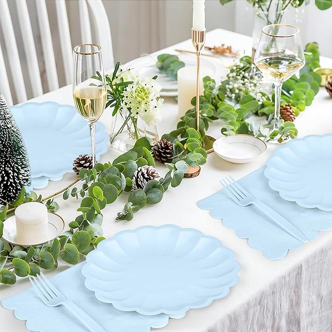 75 Pcs Blue Paper Plates and Napkins, Baby Blue Tableware Set Include Light Blue Scalloped Plates with Shell Edge, Napkins & Plastic Forks for Wedding Baby Shower Birthday Party, Serve for 25 Guests