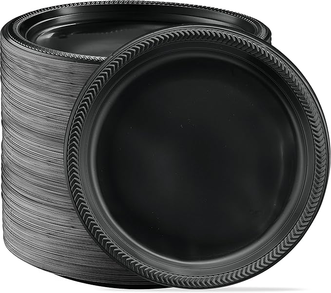 PLASTICPRO 400 PCS Black Plastic Plates Light Weight 10'' Inch Plastic Dinner Plates Black Plates Disposable for Party and Wedding