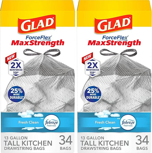 Glad ForceFlex MaxStrength Kitchen Trash Bags, 13 Gal, Fresh Clean Febreze, 34 Ct (Package May Vary) (Pack of 2)