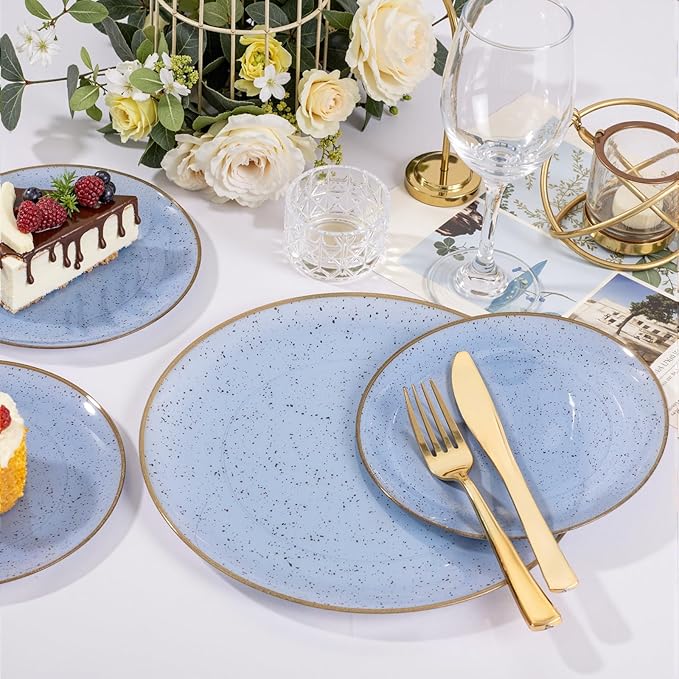 Liacere 32PCS Blue Plastic Plates - BlueStone Plastic Disposable Tableware Plates Modern Dinnerware Set - Wedding & Warm Winter & Party & Easter Day