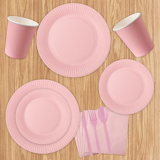 210pcs Pink Plates And Cups Disposable Tableware Party Supplies -Plastic Silverware, Paper Cups And Plates Serves 30 (Pink)